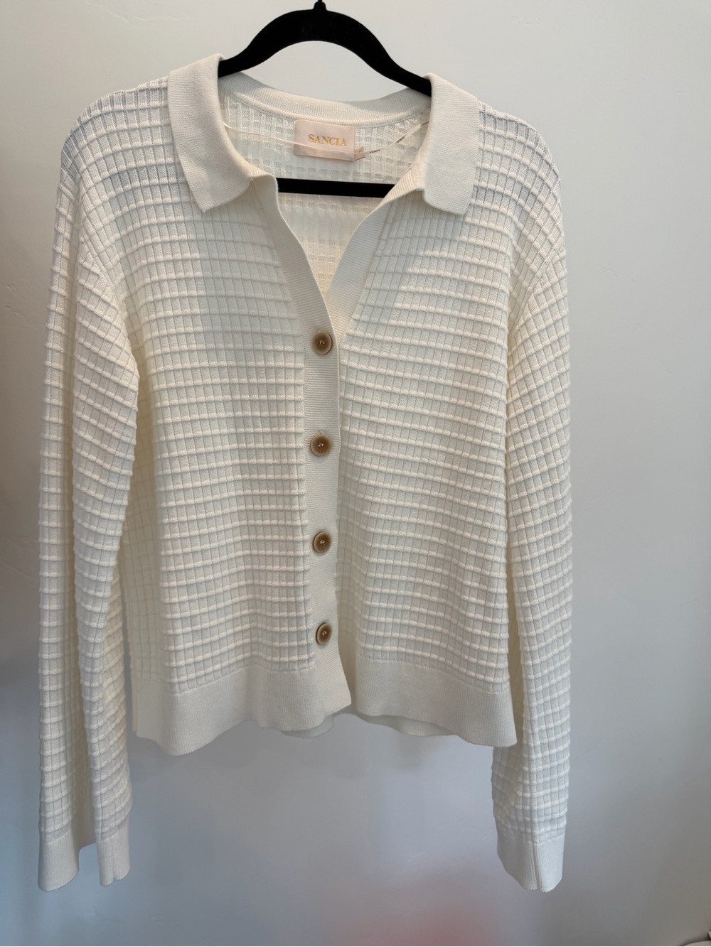 SANCIA Ivory Textured Knit Collared Cardigan Size Small